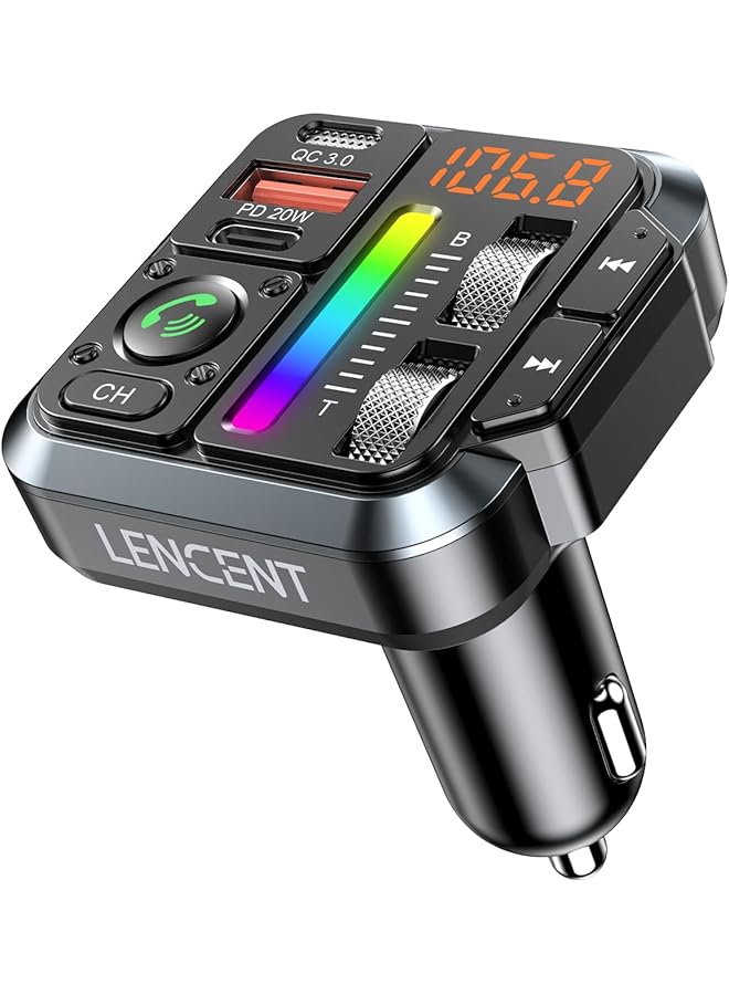 Lencent Bluetooth 5.3 Car Fm Transmitter, Adjustable Treble & Bass Sound Music Player Receiver, Wireless Radio Adapter With Pd 20W & Qc 3.0 Fast Charger, Hands-Free Calling, Siri Google Assistant - Image 1