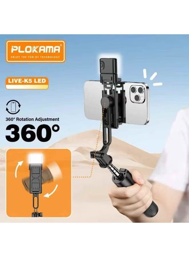 عصا سيلفي K5 صغيرة محمولة مزودة بإضاءة LED وجهاز تحكم عن بعد يعمل بالبلوتوث - مثالية للبث المباشر والصور - Image 1