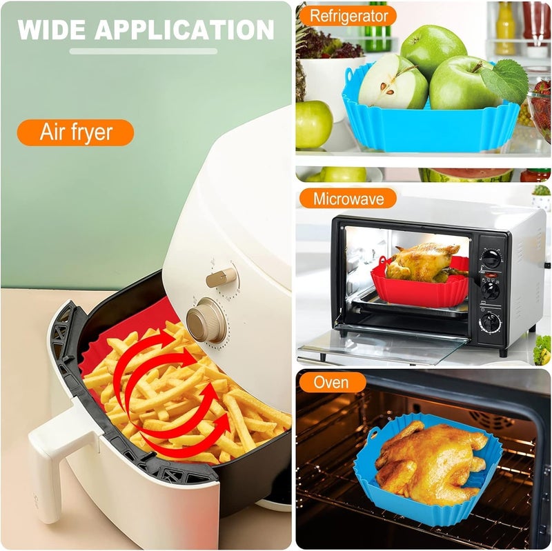 ITUSHA 3 Air Fryer Silicone Liners & 3 Air Fryer Accessories - 7.5 inch (3-5 Qt+) Silicone Baskets/Pots/Liners with Oven Mitts, Basting Brush and Tongs (Multicolour) (RD SQ TBG) - Image 3