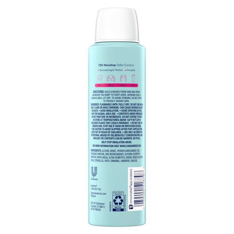 Degree Women Whole Body Deodorant Spray, Rose & Waterlily Scent, Aluminum Free 72H Odor Protection 4 oz - Image 2