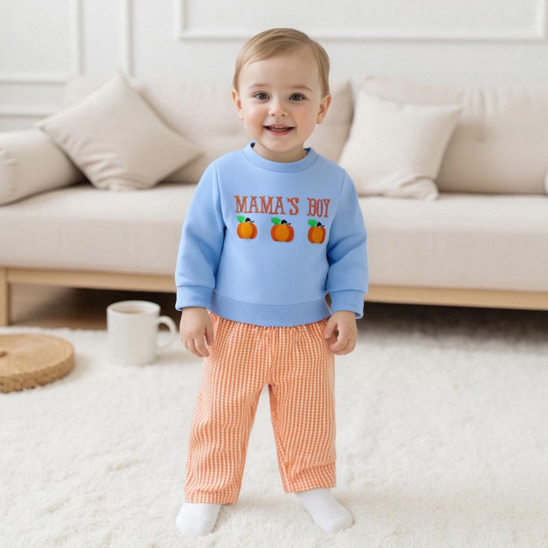 JLKGICF Toddler Boys Halloween Outfits Pumpkin Letter Sweatshirts Long Pants Toddler Fall Clothes 6 12 18 24 Months 2T 3T (Blue, 3-4T) - Image 2