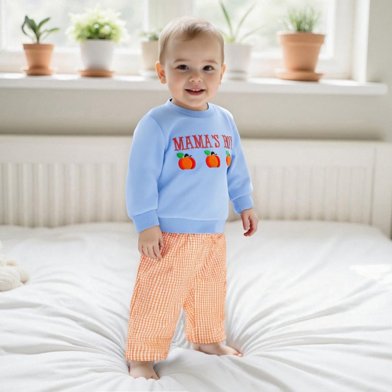 JLKGICF Toddler Boys Halloween Outfits Pumpkin Letter Sweatshirts Long Pants Toddler Fall Clothes 6 12 18 24 Months 2T 3T (Blue, 3-4T) - Image 4
