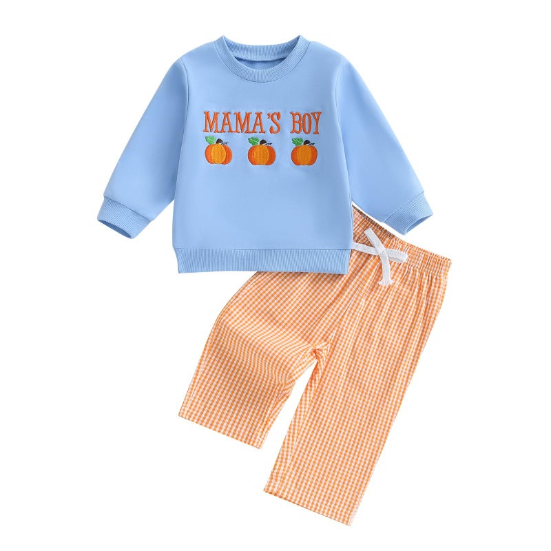 JLKGICF Toddler Boys Halloween Outfits Pumpkin Letter Sweatshirts Long Pants Toddler Fall Clothes 6 12 18 24 Months 2T 3T (Blue, 3-4T) - Image 1