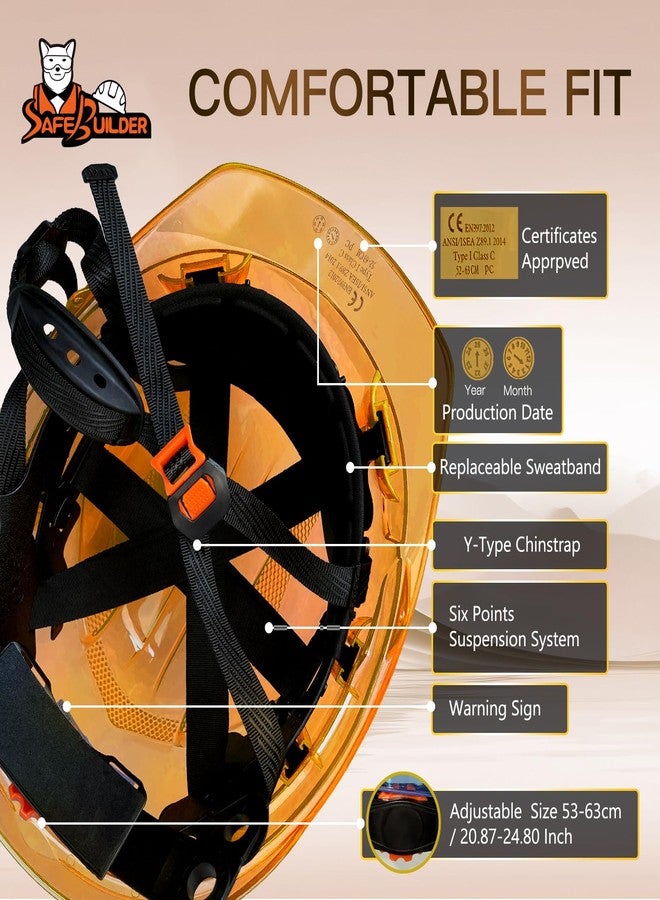 SAFEBUILDER Construction Safety Hard Hats Full Transparent Shell Safety Helmet 6-Point Suspension Industrial Hardhats ANSI Certificate (Orange-Transparent Hard Hats) - Image 4