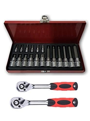 KROST Metal Allen Socket Set Hex Bit with 14 and 12 Inch Ratchet Handle Red 18 Piece - Image 1