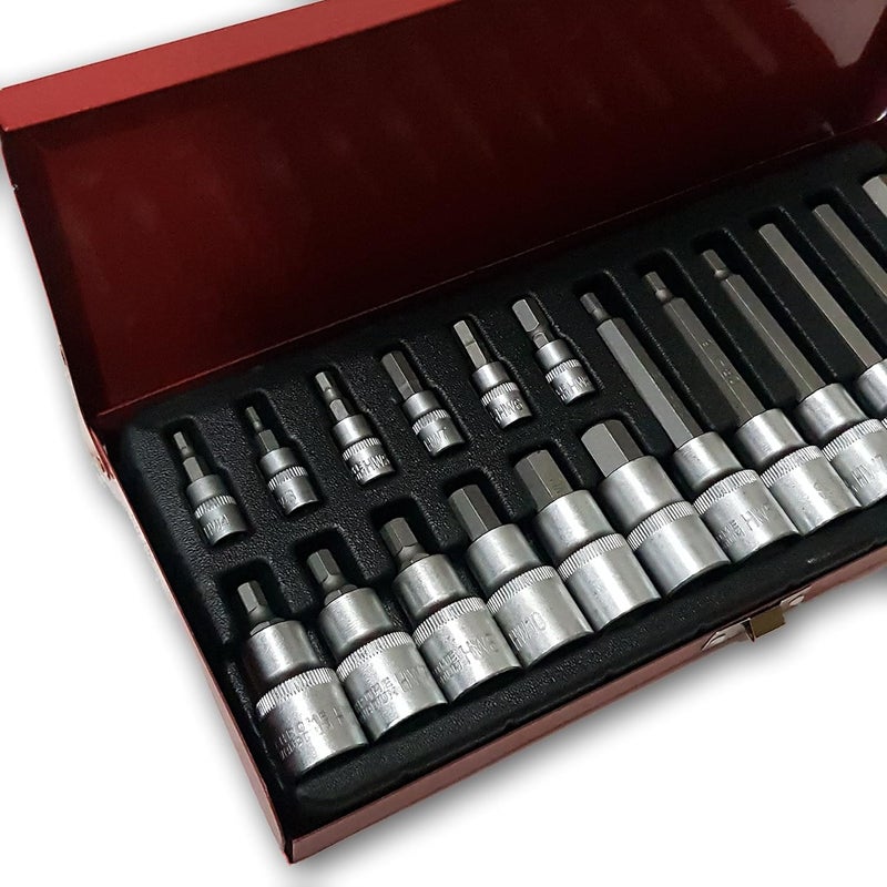 KROST Metal Allen Socket Set Hex Bit with 14 and 12 Inch Ratchet Handle Red 18 Piece - Image 4