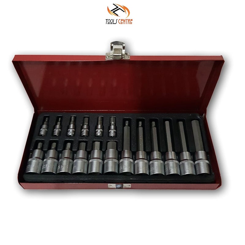 KROST Metal Allen Socket Set Hex Bit with 14 and 12 Inch Ratchet Handle Red 18 Piece - Image 2