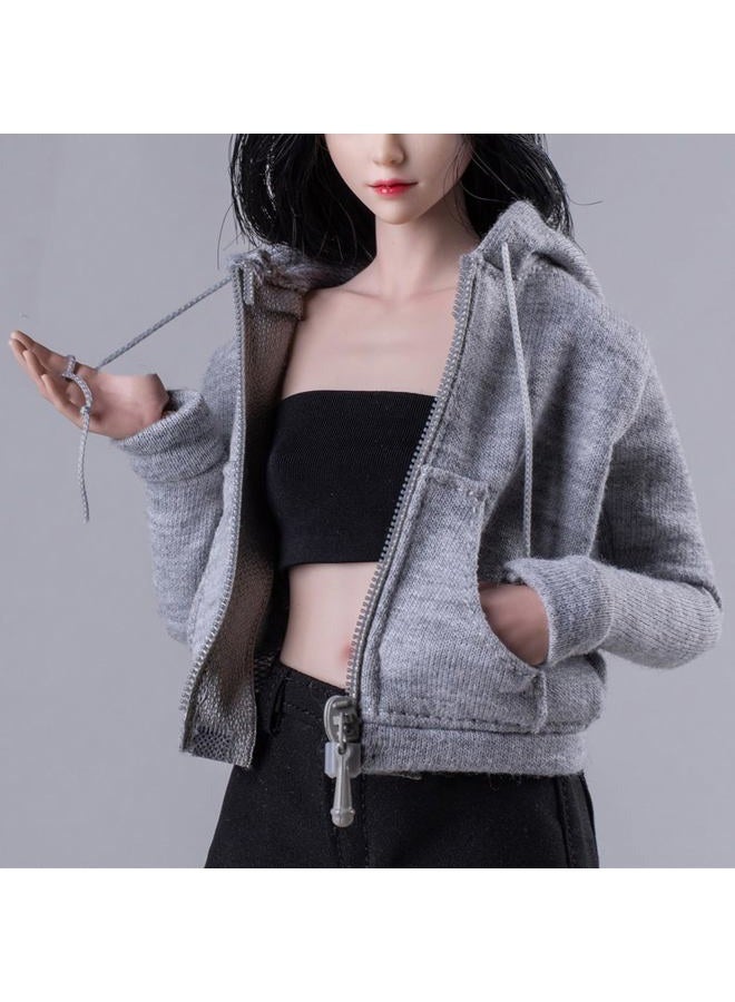 Fremego 1/6 Scale Female Clothes,Female Zipper Hoodie Coat Top Clothes for 12inch PH TBL JO Worldbox Action Figure (Gray) - Image 2