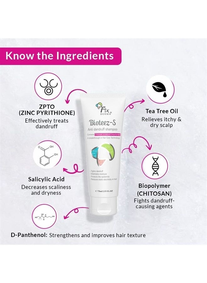FIXDERMA - 2% Salicylic Acid Bioteez-S Shampoo with 1% Zinc Pyrithione & Tea Tree Oil | Anti Dandruff Shampoo | Sulphate & Paraben free Shampoo - 2.65 Fl Oz - Image 1