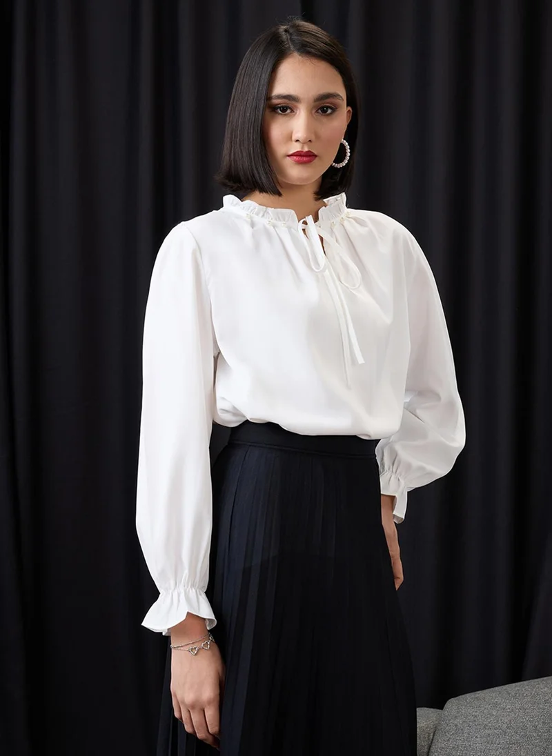 globus Globus Women White Pearl Detail Frilled Tie-Up Neck Bishop Sleeves Workwear Top