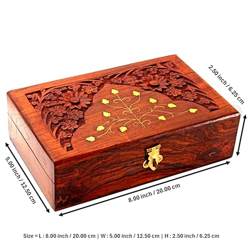 RGrandsons Handmade Wooden Keepsake Storage Box Jewelry Trinket Holder Organizer Floral Hand Carvings with Brass Inlay 8 inch - Image 2