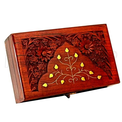 RGrandsons Handmade Wooden Keepsake Storage Box Jewelry Trinket Holder Organizer Floral Hand Carvings with Brass Inlay 8 inch - Image 3