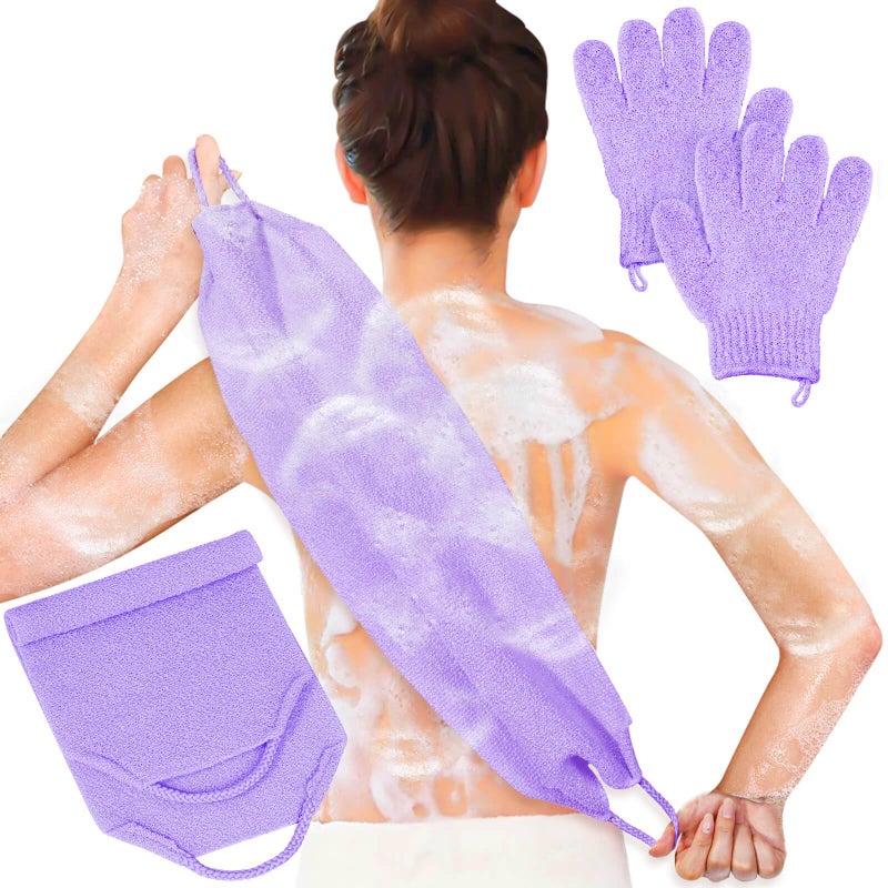 Anezus Exfoliating Back Scrubber Bath Gloves Set Exfoliating Shower Towel with Shower Gloves for Body Scrub Back Cleaner Wash Gloves to Remove Dead Skin Purple