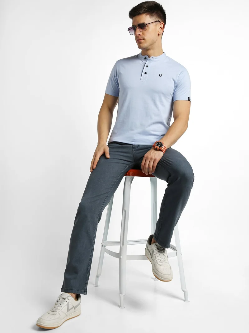 Urbano Fashion  Urbano Fashion Men's Sky Blue Melange Solid Mandarin Collar Slim Fit Half Sleeve Cotton T-Shirt  | Best Price UAE