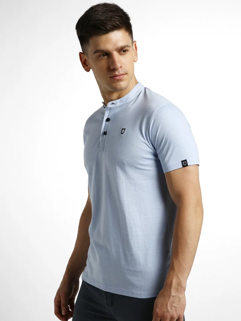 Urbano Fashion  Urbano Fashion Men's Sky Blue Melange Solid Mandarin Collar Slim Fit Half Sleeve Cotton T-Shirt  | Best Price UAE
