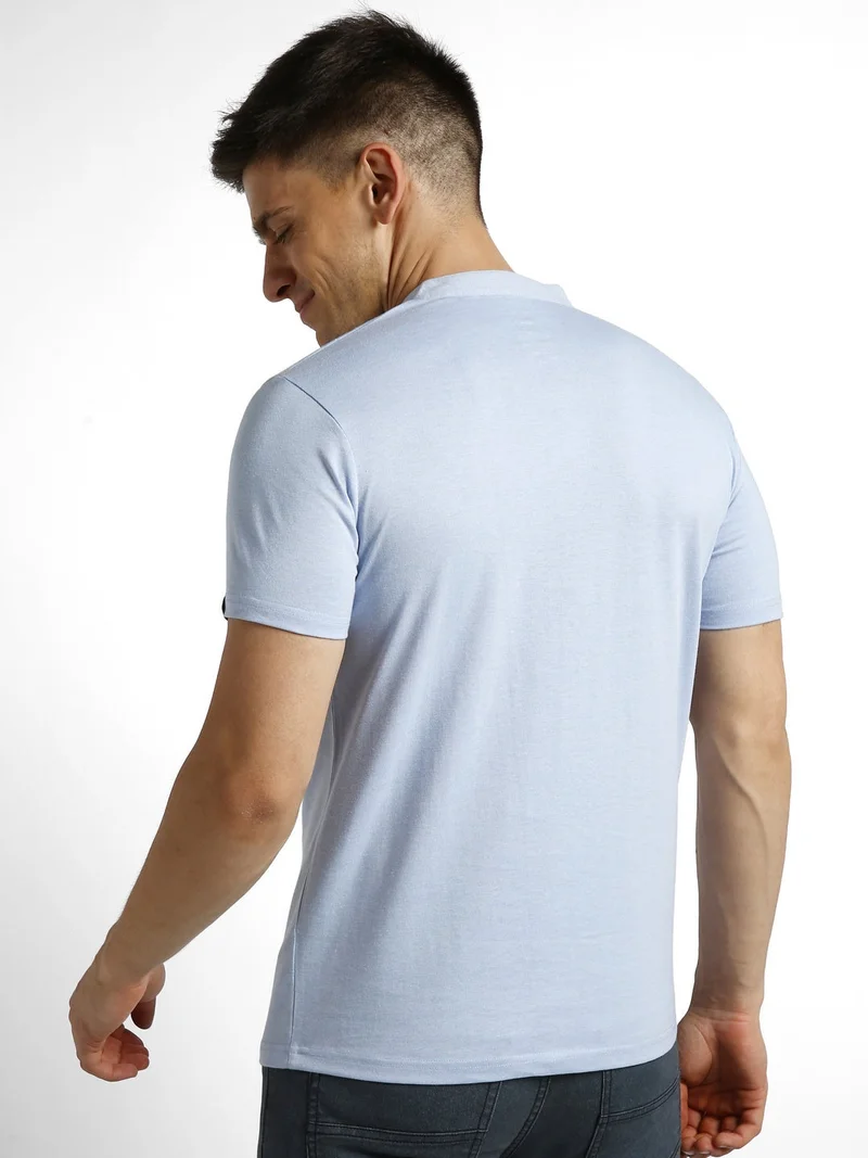 Urbano Fashion  Urbano Fashion Men's Sky Blue Melange Solid Mandarin Collar Slim Fit Half Sleeve Cotton T-Shirt  | Best Price UAE