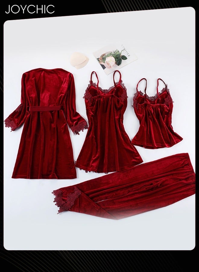 Joychic طقم بيجاما من 4 قطع من المخمل الذهبي الدافئ المقاوم للرياح لفصلي الربيع والخريف والشتاء للنساء بأكمام طويلة وسراويل بتصميم دانتيل لطيف على شكل حرف V باللون الأحمر النبيذي - Image 1