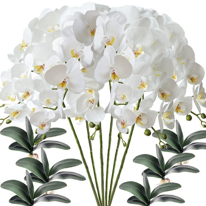 6 PCS ARTIFICIAL PHALAENOPSIS FLOWERS WITH 6 BUNDLES LEAVES ARTIFICIAL ORCHID FLOWERS STEM PLANTS FOR HOME DCOR