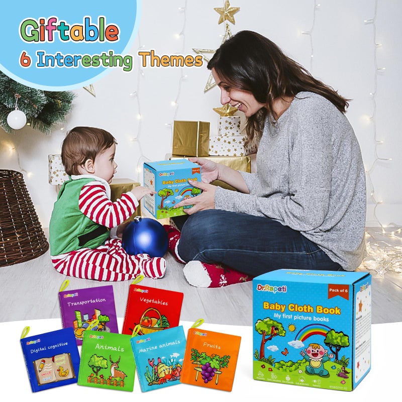 Dr.Rapeti Soft Cloth Books Baby Books Bath Books 6-Pack for Baby Infant Toddler Kids Crinkle Squeaky Washable Chewable Non-Toxic Early Educational Giftable - Image 5