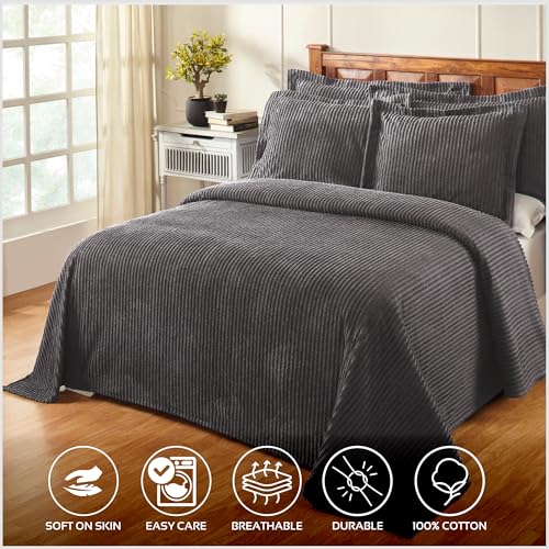 Better Trends Chenille Bedspreads Full/Double Size, Gray 100% Cotton Chenille Stripe Design Tufted Bedding Coverlet Soft Lightweight, 96"x110" 1 Pieces Jullian Collection - Image 2