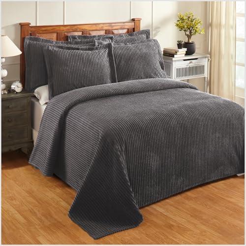 Better Trends Chenille Bedspreads Full/Double Size, Gray 100% Cotton Chenille Stripe Design Tufted Bedding Coverlet Soft Lightweight, 96"x110" 1 Pieces Jullian Collection - Image 1