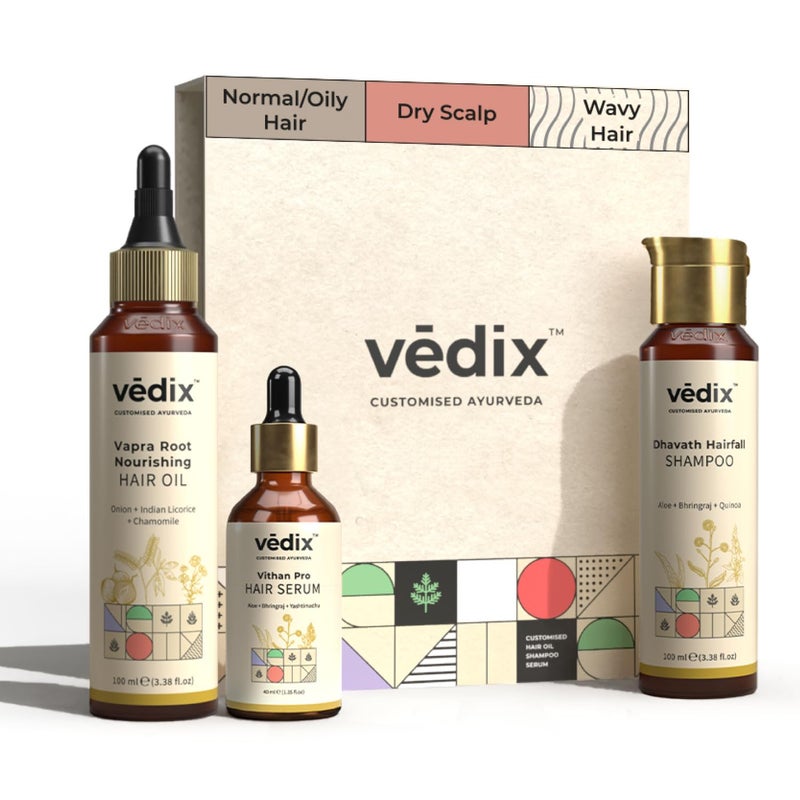 Vedix Customized Hair Fall Control Regimen For NormalOily Hair  Dry Scalp  Wavy Hair  3 Product Kit  Anti Hair Fall Oil With OnionIndian Licorice  Hair Growth Serum - Image 1