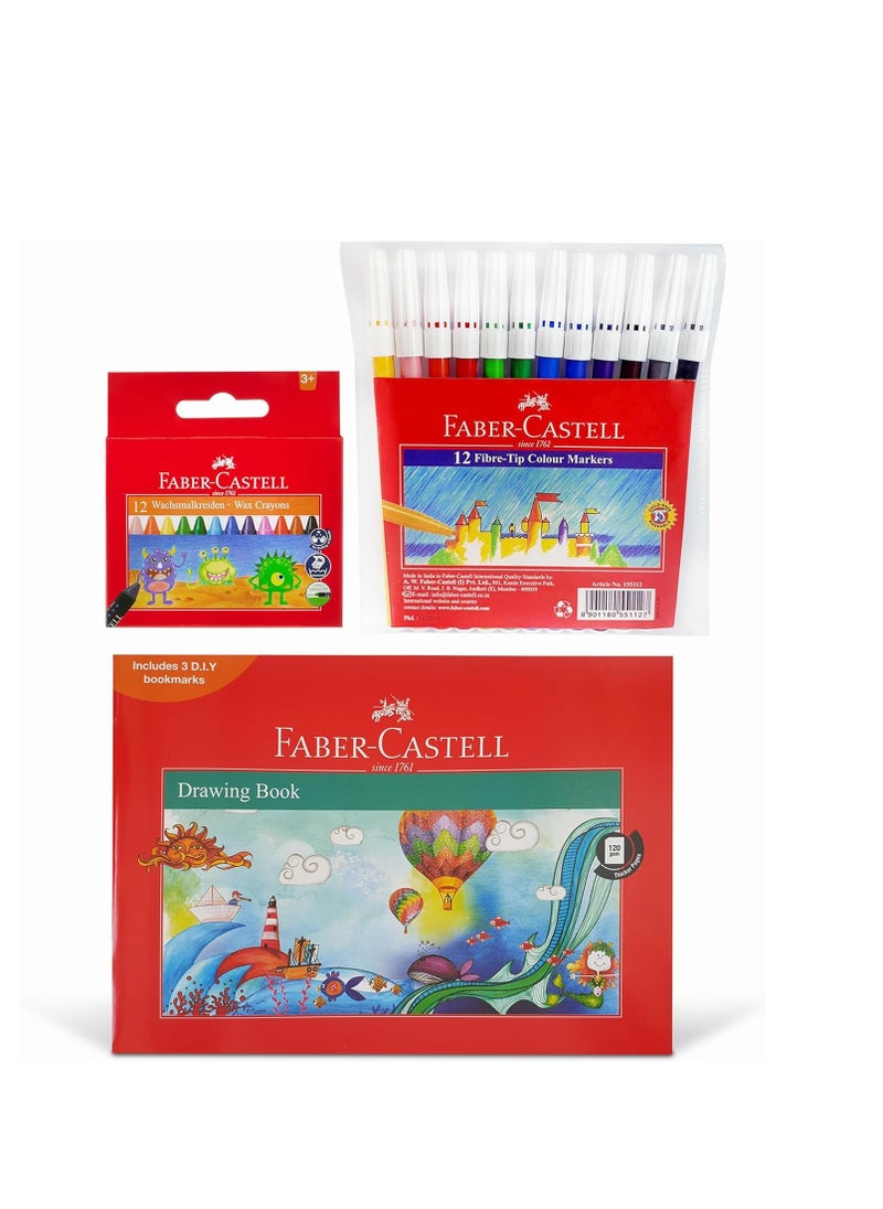 FABER-CASTELL Faber Castell Drawing Book A4 36pages + Washable Fibre Tip Pen 12 Colors. Washable Wax Crayons 12Colours Draw color or decorate with this amazing set  - Image 1