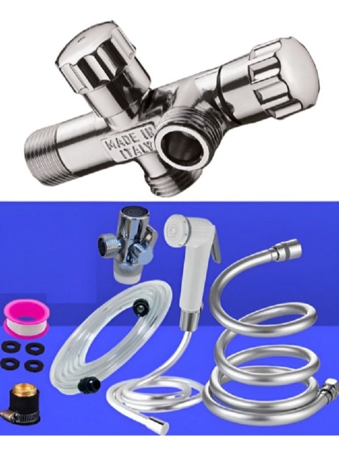 100% Professional choice - A bathroom shattaf consisting of a brass valve with 2 outlets, a 1.5 gray hose, a 10 meter hose, a bridge adapter, and a rubber hose of different sizes. - Image 1