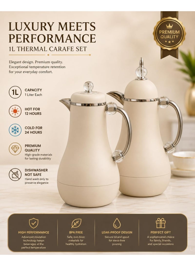 REFAN Luxury Tea and Coffee Vacuum Flask Set, 2 Pieces, 1+1 Liter Capacity | Premium Hospitality Thermos Set | Leak-Resistant Insulated Carafe Keeps Beverages Hot for Long Hours (Beige) - Image 3