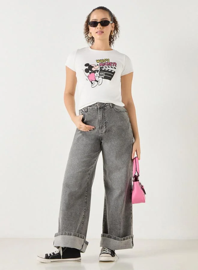 SP Characters Mickey Mouse Print T-shirt with Short Sleeves