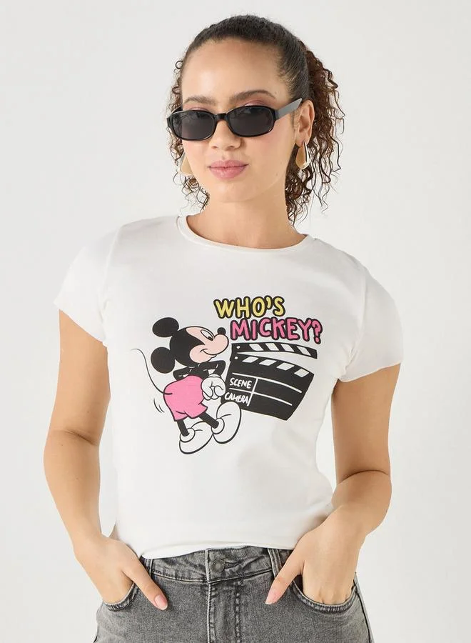 Mickey Mouse Print T-shirt with Short Sleeves