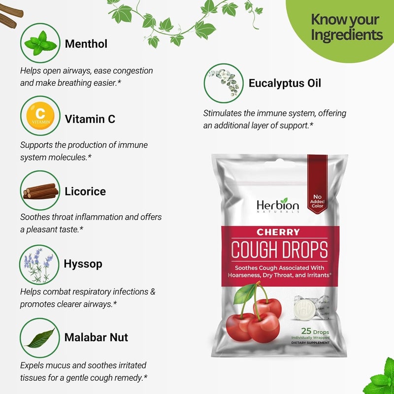 HERBION Naturals Cough Drops with Natural Cherry Flavor Dietary Supplement Soothes Cough for Adults and Children Over 6 Years 25 Drops No Artificial Flavor  Pack of 5 125 Lozenges - Image 3