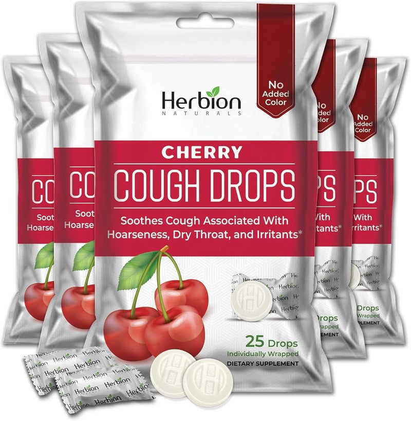 HERBION Naturals Cough Drops with Natural Cherry Flavor Dietary Supplement Soothes Cough for Adults and Children Over 6 Years 25 Drops No Artificial Flavor  Pack of 5 125 Lozenges - Image 1