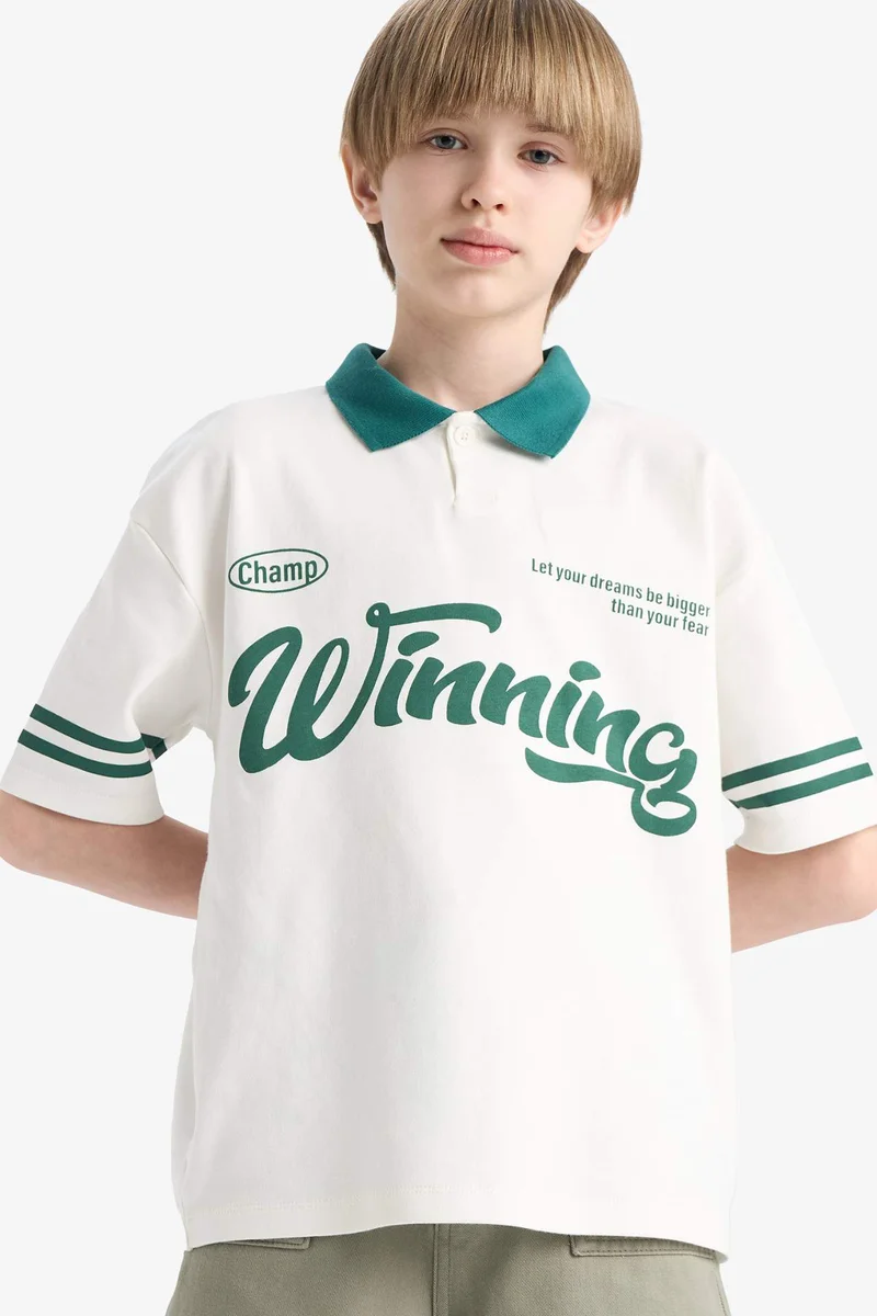 ديفاكتو Boy Oversize Fit Polo Neck Printed Polo Shirt