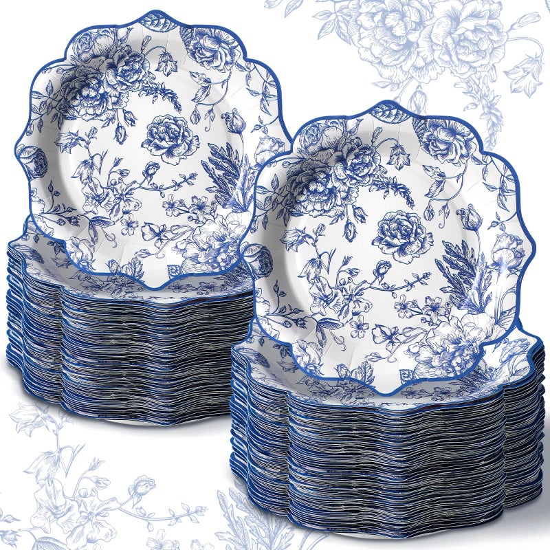 Suttmin 100 Pcs Chinoiserie Paper Plates Disposable Dessert Baby Bridal Shower Party Supplies Floral Dessert Plates Bulk Birthday Tea Party Serving Tray for Wedding Birthday - Image 2