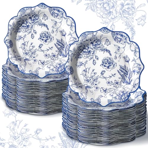 Suttmin 100 Pcs Chinoiserie Paper Plates Disposable Dessert Baby Bridal Shower Party Supplies Floral Dessert Plates Bulk Birthday Tea Party Serving Tray for Wedding Birthday - Image 1