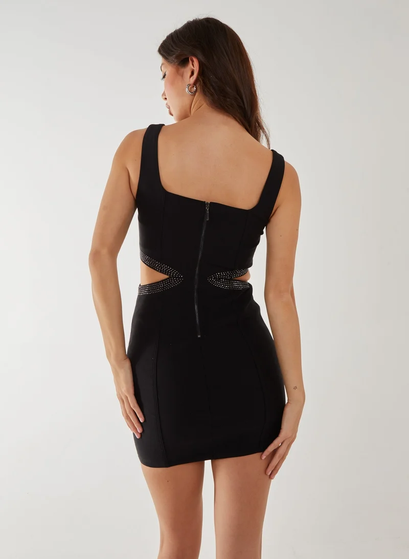 بينك فانيلا Rhinestone Cut Out Mini Dress