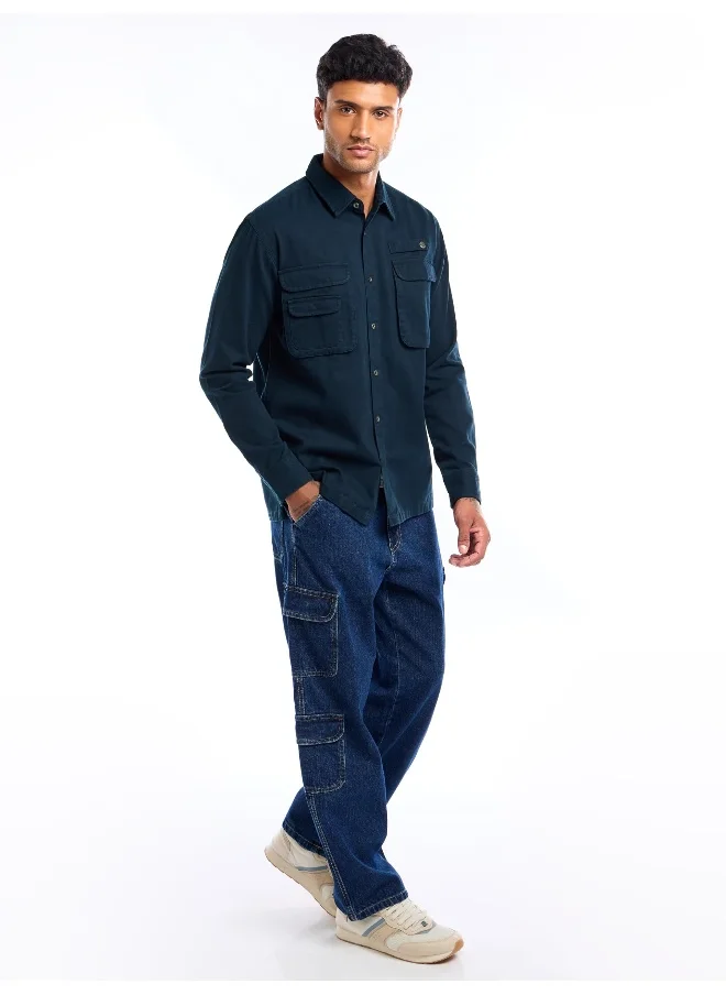 Beyoung Dark Blue Utility Pockets Shirt for Men