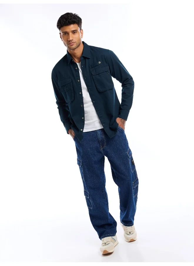 Beyoung Dark Blue Utility Pockets Shirt for Men