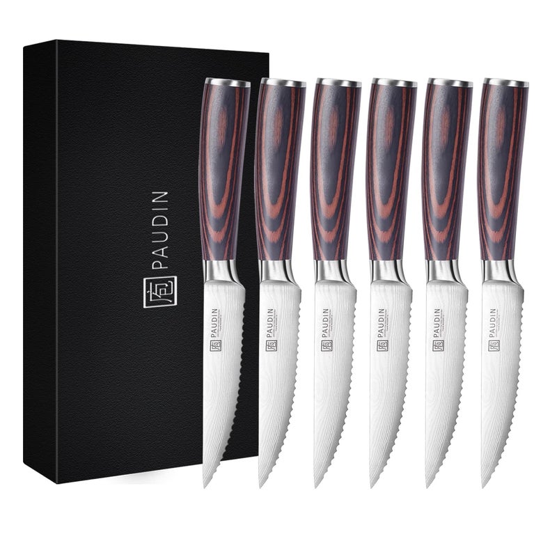 PAUDIN Steak Knives Set of 6 Kitchen Steak Knife 45 Inch High Carbon Stainless Steel Steak Knives Serrated Steak Knife with Pakkawood Handle Dinner Knives with Gift Box