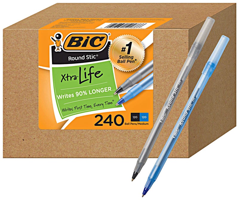 BIC PENS Bulk Pack of 240 Ink Pens, Round Stic Xtra Life Ballpoint, Medium point 1.0 mm, 120 Black & 120 Blue Combo Pack in Bulk - Image 1