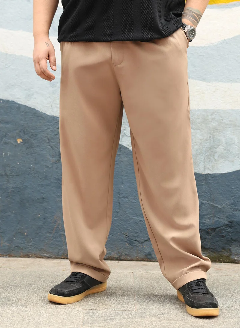 Instafab Plus Instafab Plus Men Pleated-Twill Tailored Trousers | Mid Rise , Side-Elasticated Stretch | Button Closure , Cuffed-Straight Hem | Solid Twill | Woven Fabric For Office & Casual Wear | Khaki Brown