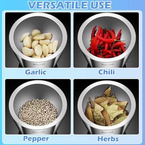 Chemlliy Stainless Steel Mortar and Pestle, Large Capacity 5 Inch Polished Pill Crusher with Lid, Heavy Duty Spice Grinder, Non-Slip Base Grinding Herb Spice Bowl - Image 2