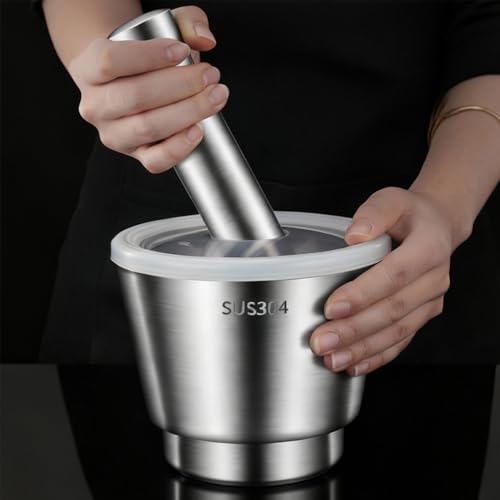 Chemlliy Stainless Steel Mortar and Pestle, Large Capacity 5 Inch Polished Pill Crusher with Lid, Heavy Duty Spice Grinder, Non-Slip Base Grinding Herb Spice Bowl - Image 1