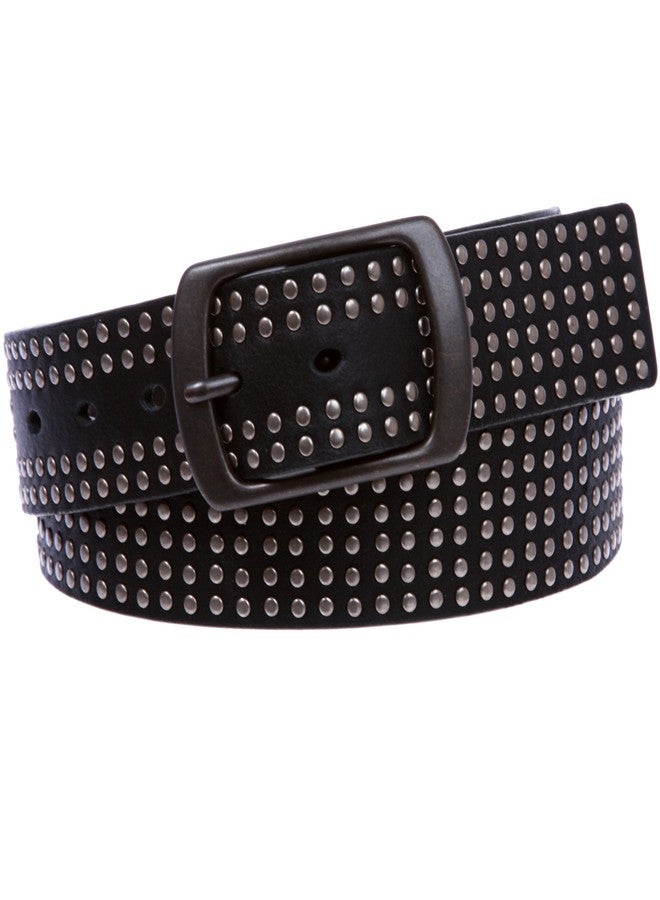 Beltiscool 1 1/2" Snap on Tiny Circle Studded Genuine Leather Belt, Black | 38" - Image 1