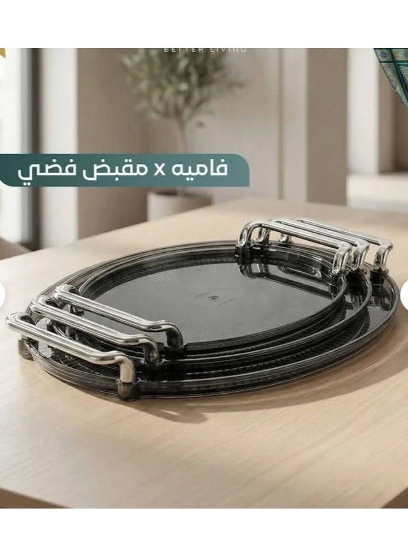 Lava Elite Lava Tray Set (3 pieces) suitable for serving drinks, sweets and snacks. Practical design, easy to carry and serve. Suitable for daily use and gatherings (Famous * Silver handle) - Image 1
