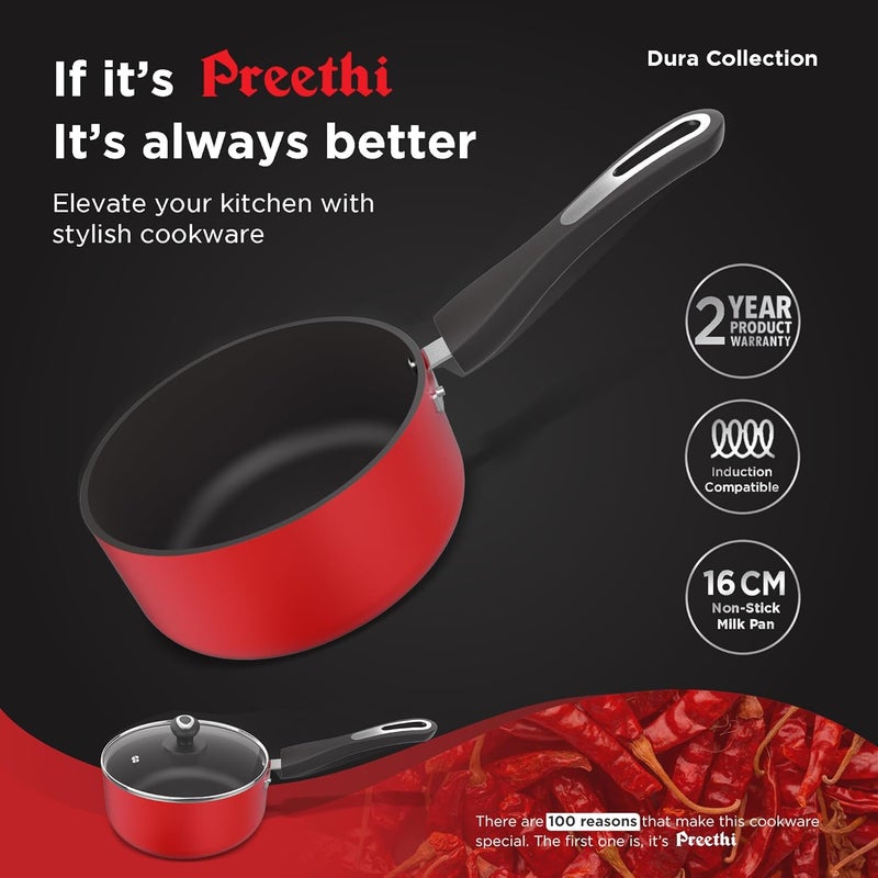 Preethi ‎ Dura Collection Non Stick Milk Pan | 16 cm | 5 Star Non Stick | Gas & Induction Compatible | Chilly Red | 1L | 1 Piece | Aluminium - Image 2