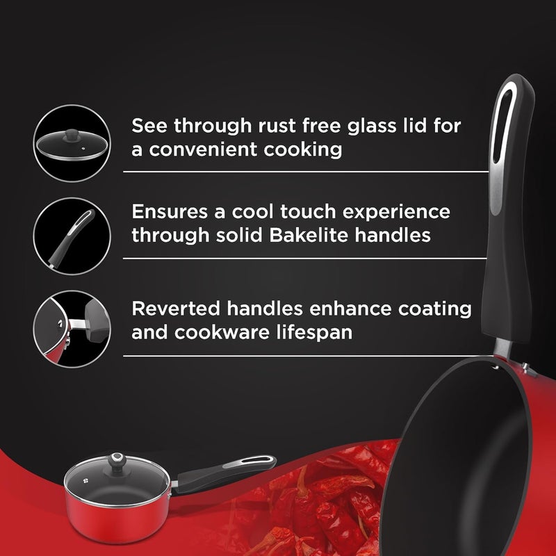 Preethi ‎ Dura Collection Non Stick Milk Pan | 16 cm | 5 Star Non Stick | Gas & Induction Compatible | Chilly Red | 1L | 1 Piece | Aluminium - Image 3