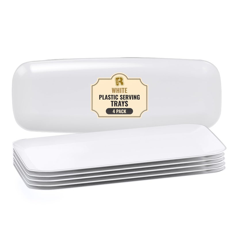 R-kay 4 Pack White Plastic Serving Trays for Party - White Serving Tray 17 by 6.5 in - Rectangular Heavy Duty Dessert Trays for Food - Image 1