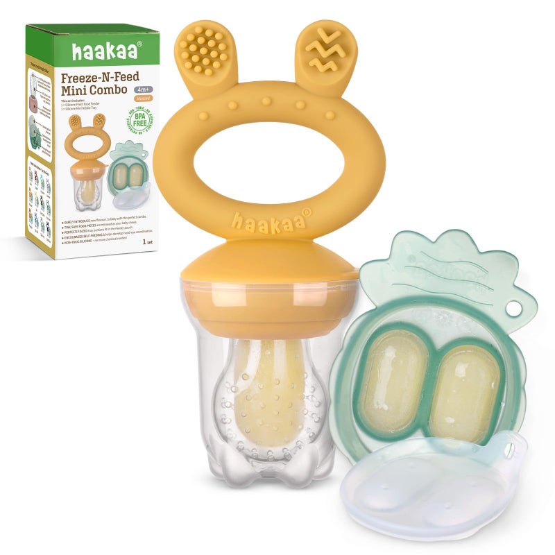 Haakaa Baby Fruit Food Feeder & Mini Freezer Nibble Tray Combo, Breastmilk Popsicle Molds for Baby Cooling Relief, BPA Free Silicone Feeder for Safe Infant Self Feeding, 4 Month+ (Mustard) - Image 1